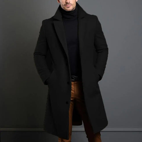 Elegant Men's Woolen Coat with Lapel Pockets - Single Breasted Long Sleeve Jacket Perfect for Autumn and Winter Casual Wear